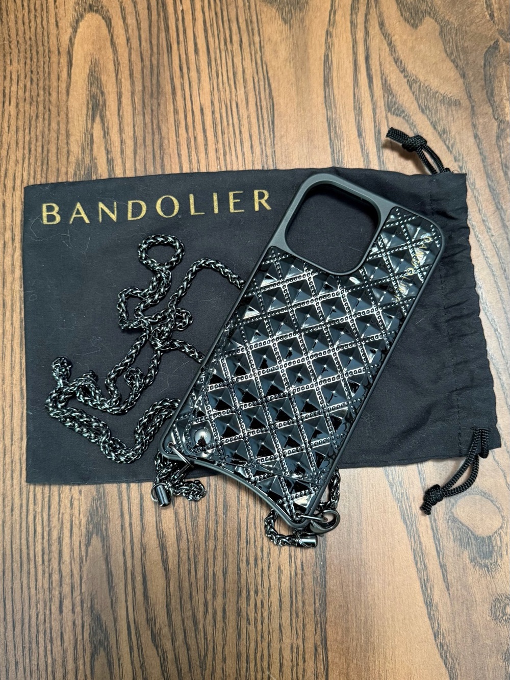 Bandolier Black Quilted Patent iPhone 13 Pro Case with Chain Strap